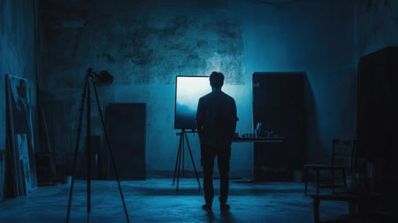 A solitary artist stands in a dimly lit studio, lost in thought while gazing at his work on a canvas, surrounded by tools that inspire creativity and artistic expression.の素材