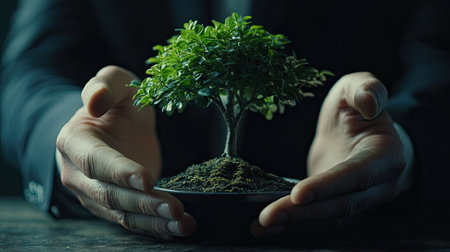 Captivating image of hands gently supporting a small green plant, symbolizing growth and care. Perfect for concepts of nature, nurturing, and sustainability.の素材