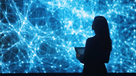 A silhouette of a woman holding a tablet stands against a captivating blue abstract network, symbolizing technological innovation and digital exploration in modern environments.の素材