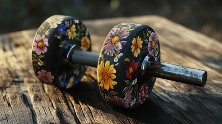 Unique dumbbell featuring a vibrant floral design on a rustic wood surface, perfect for fitness enthusiasts and home decor inspiration, adding a touch of nature to workouts.の素材