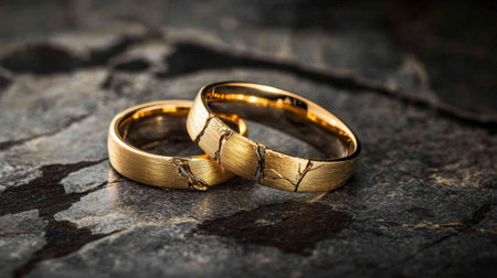 Beautiful golden wedding rings with unique textures are showcased against a dark stone background, symbolizing enduring love and commitment perfect for engagement or marriage.の素材