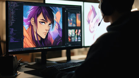 A skilled digital artist immersed in their craft, focusing on an eye-catching character design displayed on large monitors, embodying creativity in a sleek modern workspace.の素材