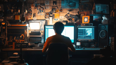 A focused individual works in a cozy, dimly lit workspace filled with vintage equipment. The atmosphere captures creativity, concentration, and passion for technology and art.の素材