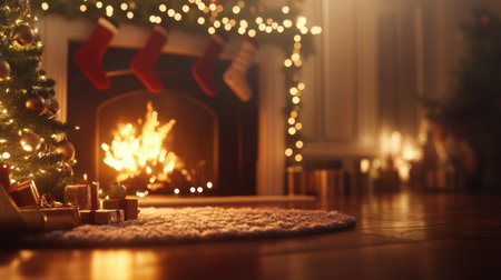 Experience the magic of a cozy Christmas setting with a glowing fireplace, twinkling lights, and beautifully decorated tree, creating a warm and inviting holiday atmosphere.の素材