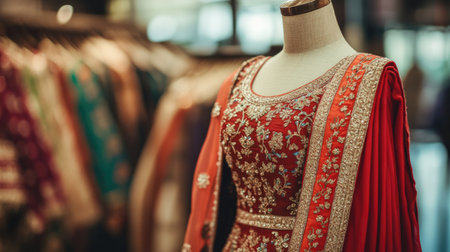 This stunning red dress features intricate embroidery and showcases traditional craftsmanship, perfect for a fashionable boutique display or cultural event.の素材