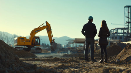 A pair of construction workers stands on a job site, closely observing heavy machinery in action, with mountains and a clear blue sky creating a scenic backdrop.の素材
