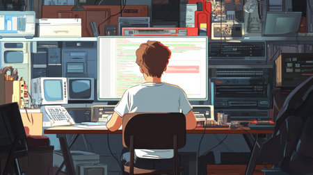 A young programmer immersed in a coding session, surrounded by vintage technology, creates a unique blend of past and present in a cozy homework environment.の素材