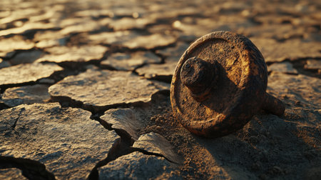 A weathered rusty metal piece rests on a parched earth surface, illustrating environmental challenges and the impact of climate change in a striking, dramatic light.の素材