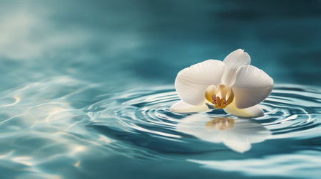 A serene closeup of an orchid petal on water, surrounded by soft ripples and illuminated by diffused natural lightの素材