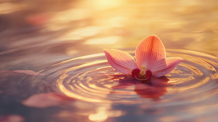 A serene closeup of an orchid petal on water, surrounded by soft ripples and illuminated by diffused natural lightの素材