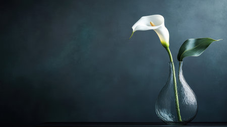 A single calla lily in a glass vase, its graceful curves accentuated by soft light against a dark, moody backgroundの素材