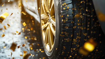 A close-up of a tire with gold confetti floating around, symbolizing celebration and luxury. The dynamic scene captures movement and a festive atmosphere.の素材