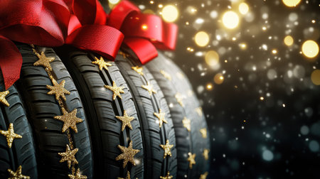 A creative composition featuring decorated tires adorned with red ribbons and golden stars, capturing the festive spirit of the holiday season.の素材