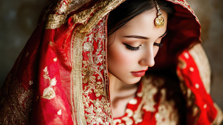 A stunning portrait of a serene woman adorned in traditional red attire and a delicate veil, capturing the essence of beauty and culture in an elegant style.の素材