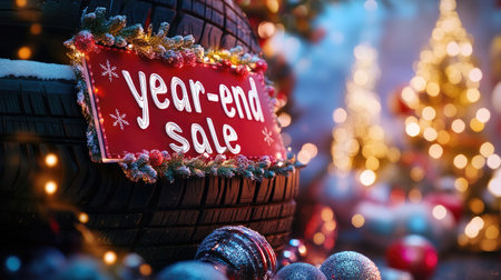 A vibrant year-end sale sign decorated with festive elements, set against a backdrop of holiday decorations, creating a joyful shopping atmosphere.の素材