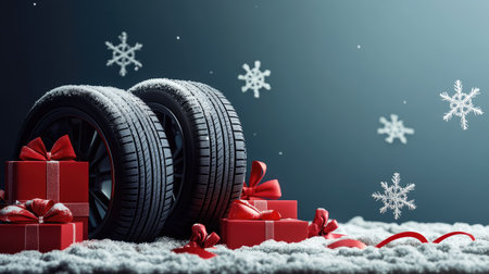 Discover a festive winter scene featuring new tires surrounded by beautifully wrapped gifts and snowflakes, perfect for holiday promotions and seasonal marketing.の素材