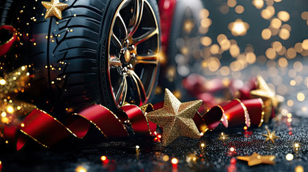 A close-up view of a festive car tire surrounded by holiday ornaments and sparkling lights, creating a joyful atmosphere perfect for the season.の素材