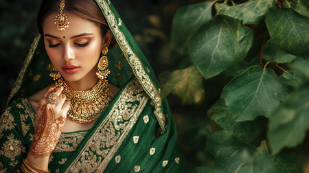 A stunning portrait of a woman dressed in exquisite green traditional attire, adorned with intricate jewelry and henna, set against lush foliage.の素材