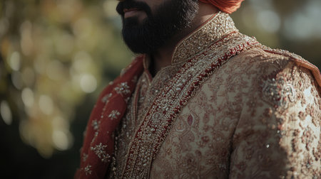 A close-up view of a man wearing an elegant traditional attire, showcasing intricate details and rich textures, perfect for cultural celebrations and events.の素材