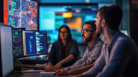 A diverse team of professionals works collaboratively in a modern office, analyzing real-time data on multiple screens, showcasing technology and focused teamwork in a dynamic environment.の素材