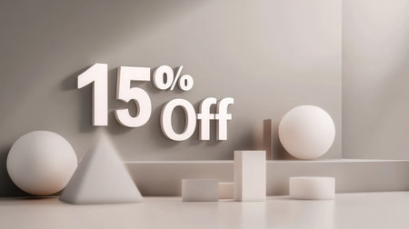 Eye-catching promotional display with 15 off in bold typography, surrounded by soft geometric shapes, perfect for marketing campaigns or modern advertising visuals.の素材