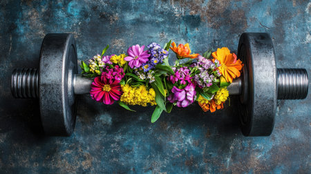 A visually striking overhead image of a dumbbell adorned with colorful flowers, blending the concepts of strength and beauty in fitness and health themes.の素材