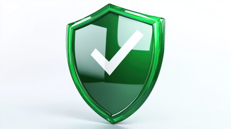 This illustration features a green shield with a check mark, representing safety, security, and trust. Perfect for concepts related to protection and assurance in various industries.の素材