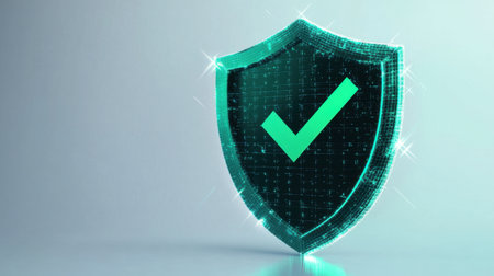 A sleek futuristic shield design featuring a glowing checkmark, representing data protection, cybersecurity integrity, and trust in a digital environment.の素材