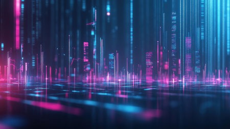 This image showcases an abstract digital landscape illuminated by vibrant neon lights and dynamic data streams, ideal for technology or futuristic themes.の素材