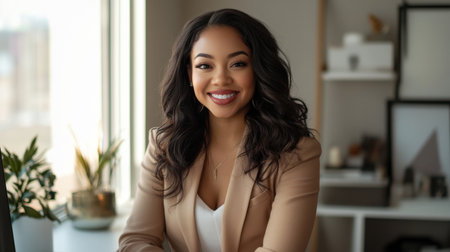 A confident young woman smiles warmly while seated at her desk in a modern office, surrounded by stylish decor and bathed in natural light, embodying professional success.の素材