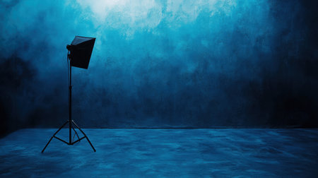 This image features a striking blue studio background highlighted by a spotlight on a stand, offering a clean and artistic space ideal for various photography projects and concepts.の素材