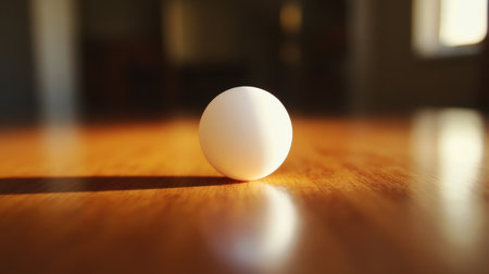 A serene composition featuring a single ping pong ball resting on a wooden surface, illuminated by soft light and shadows, evoking a sense of tranquility and focus.の素材