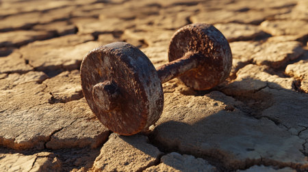 A close-up of a rusty dumbbell resting on dry, cracked ground, symbolizing the challenges of maintaining fitness in harsh conditions and the significance of perseverance in personal growth.の素材