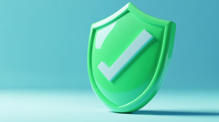 A vibrant 3D green shield with a check mark symbolizes trust and security, perfect for representations of protection, assurance, and reliability in various digital contexts.の素材