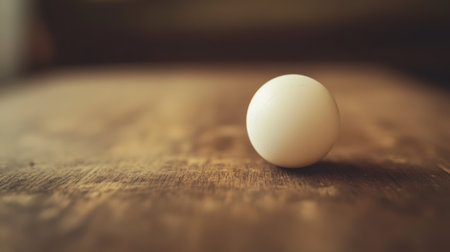 This image features a single white ping pong ball on a wooden surface, illuminated by natural light, showcasing elegance and simplicity in a sports context.の素材