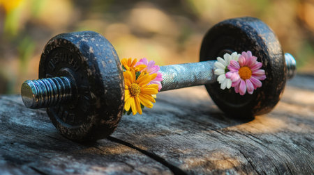 A unique dumbbell decorated with bright flowers rests on a wooden log, blending strength and natural beauty, perfect for wellness and fitness photography.の素材