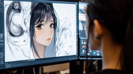 A focused young artist works on her digital artwork in a modern space, skillfully blending creativity and technology to bring her detailed illustrations to life.の素材