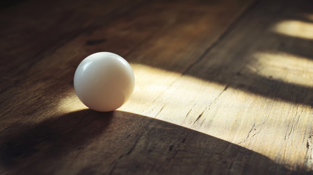 A solitary white sphere rests on a textured wooden surface, illuminated by natural lightの素材
