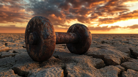 A close-up of a rusty dumbbell resting on cracked earth, set against a stunning sunset backdrop, representing resilience and the challenges faced in fitness journeys.の素材