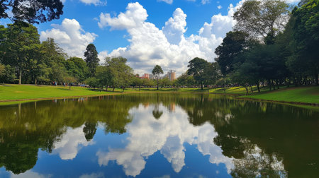 A breathtaking view of a tranquil park featuring a calm lake reflecting fluffy clouds and lush trees under a bright blue sky, perfect for relaxation and nature appreciation.の素材