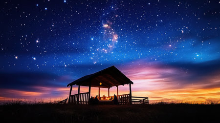 A beautiful evening scene featuring a rustic shelter silhouetted against a stunning starry sky, reflecting tranquility and the beauty of nature.の素材