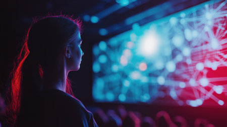 A young woman attentively observes a vibrant data visualization on a digital screen in a dimly lit room, embodying the intersection of technology and creativity.の素材