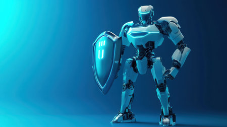 A high-tech robot with a radiant shield, ready to defend, standing on a gradient blue background emphasizing security and tech advancementの素材
