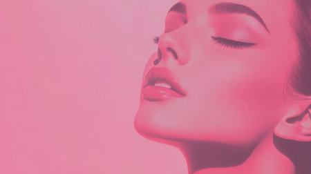 A beautiful woman with closed eyes, flawless skin glowing on a pastel pink background, perfect for beauty and skincare bannersの素材