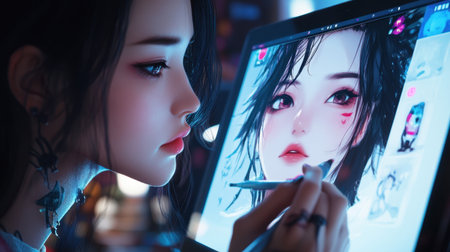 A talented digital artist meticulously creates an anime portrait on a tablet, showcasing intricate details and vibrant colors in a modern studio filled with creative energy.の素材