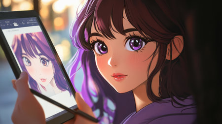 A young woman with purple hair admires her digital portrait on a tablet, capturing creativity and beauty in a warm urban atmosphere with soft lighting.の素材