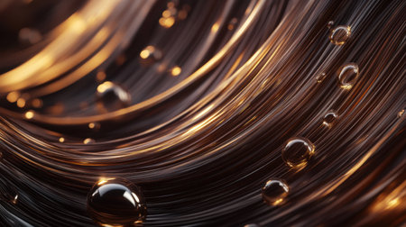 A 3D rendering of serum droplets nourishing hair strands, restoring shine and repairing damage in a vibrant, detailed visualの素材