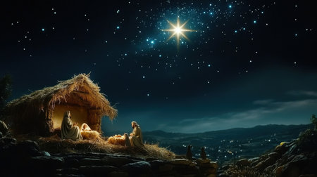 This beautiful nativity scene captures the serene moment of the holy family gathered in a manger under a sparkling night sky, symbolizing peace and spirituality during the Christmas season.の素材