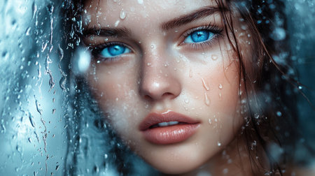 A dreamy portrait of a young woman with radiant skin and bright blue eyes, enveloped by water droplets, evoking elegance and beautyの素材