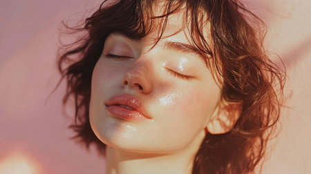 A tranquil close-up of a young woman with radiant skin and closed eyes, glowing on a pastel pink background for skincare themesの素材